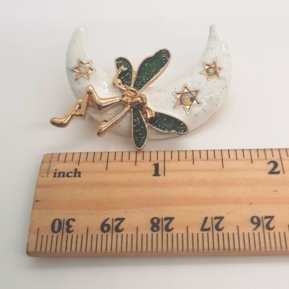 Green Moon Fairy Sparkly Brooch Pin - Picture 5 of 6